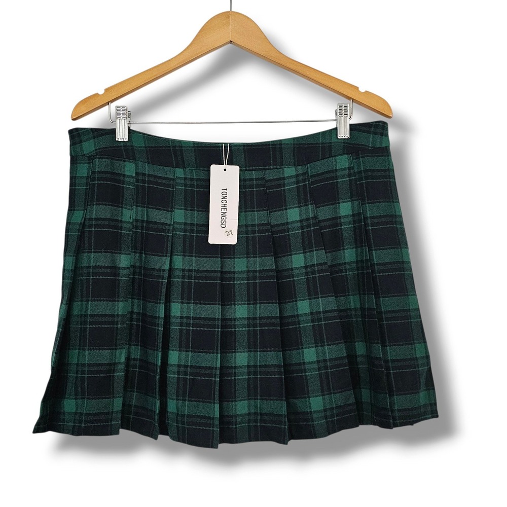 Green Plaid Skort 2X Pleated Mini Skirt Shorts Dark Academia Preppy Goth Alt NEW